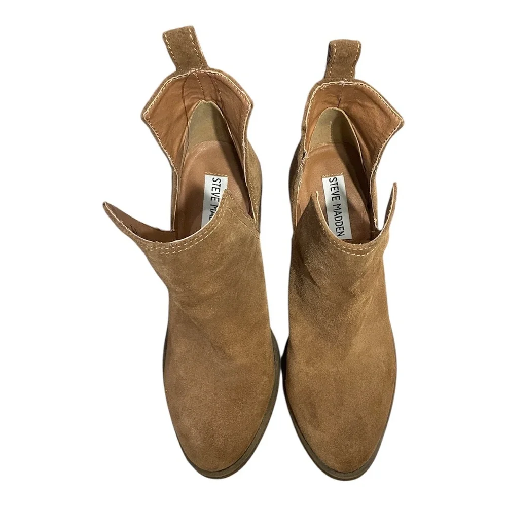 Steve Madden Sharini Tan Suede V-Cut Ankle Boots Block Heel‎ Womens 7M